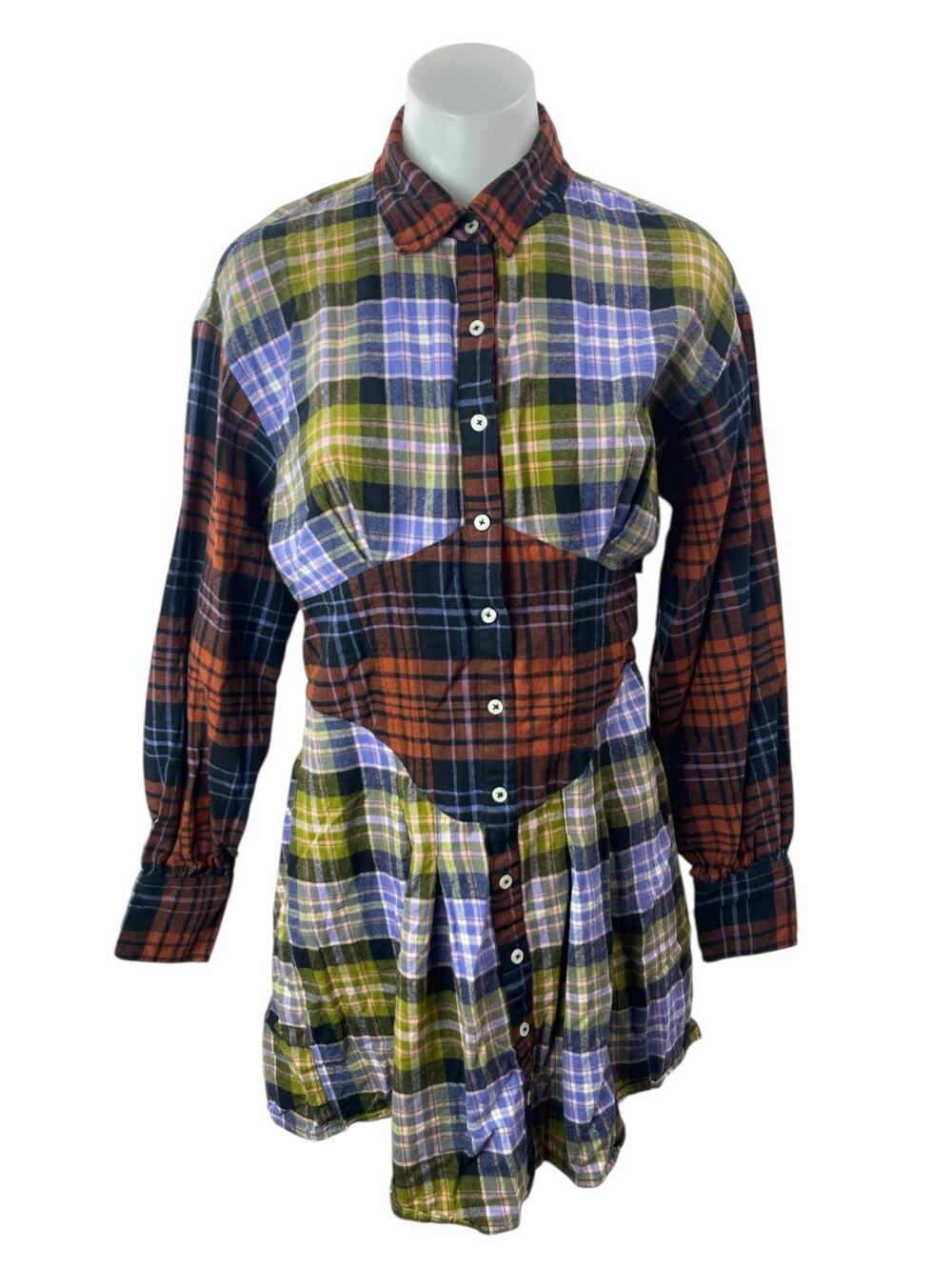Circus NY Multicolor Plaid Colorblock Cutout Long Sleeve Mini Shirt Dress Size S